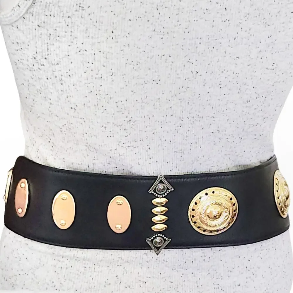 DYLAN LEX Romy black leather wide statement high waist medallion charm belt Sz S